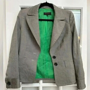 Escada | Grey Plaid Green Pinstripe Virgin Wool & Silk Blazer Jacket US 6